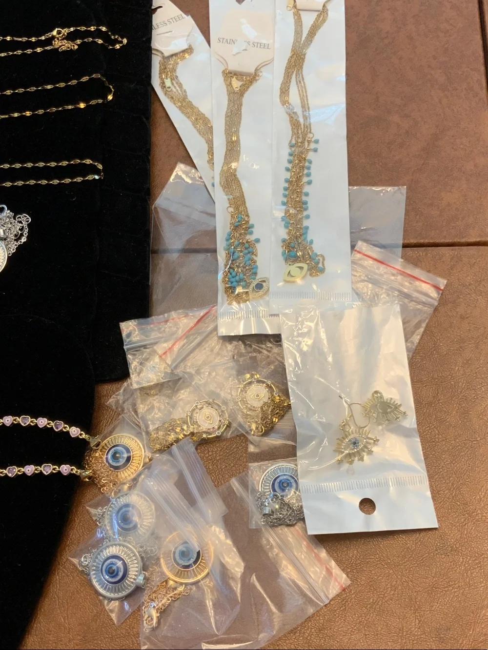Gold Hamsa & Evil Eye Necklace Set with Blue Accents